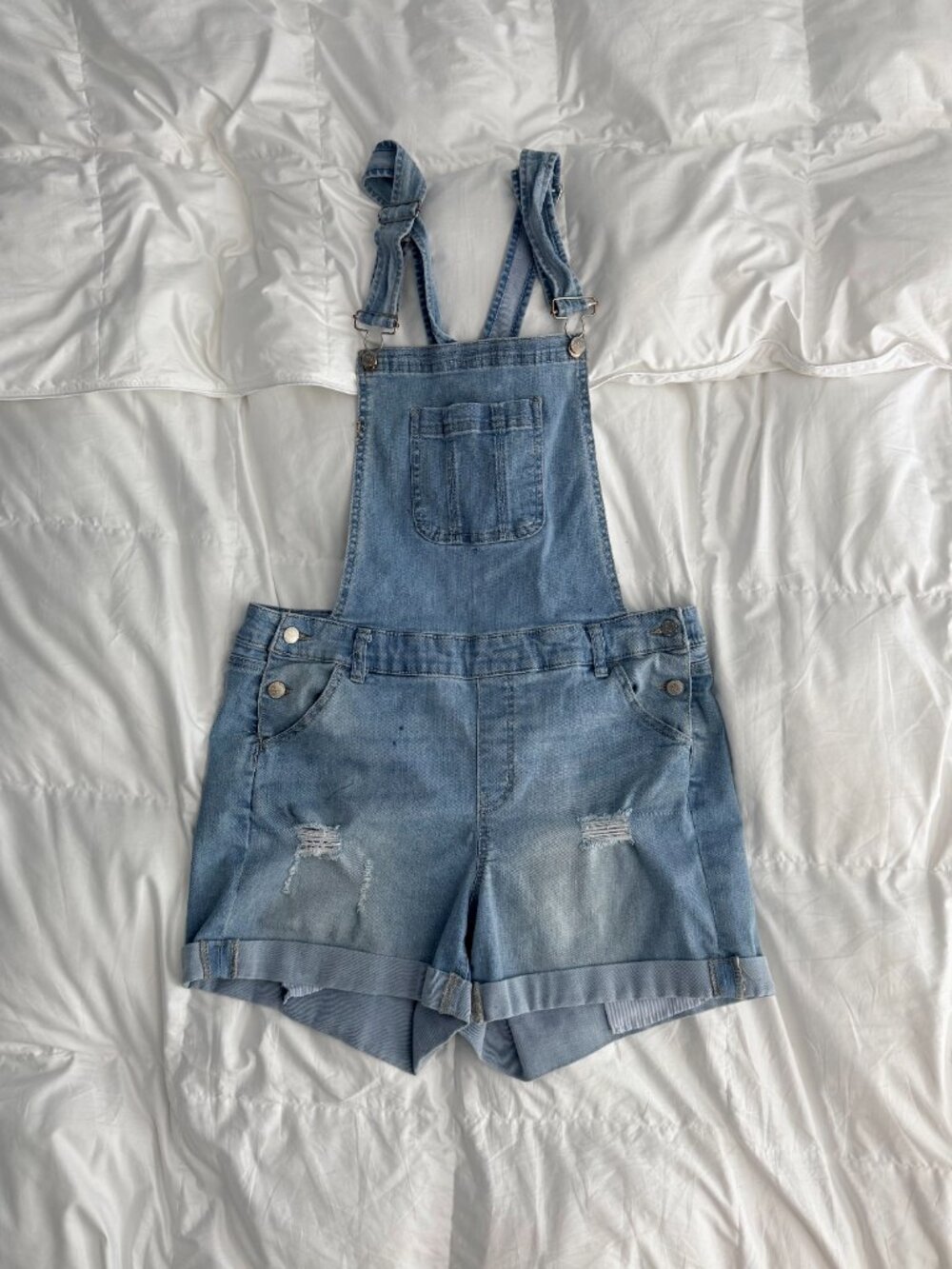 Distressed Denim Short Overalls